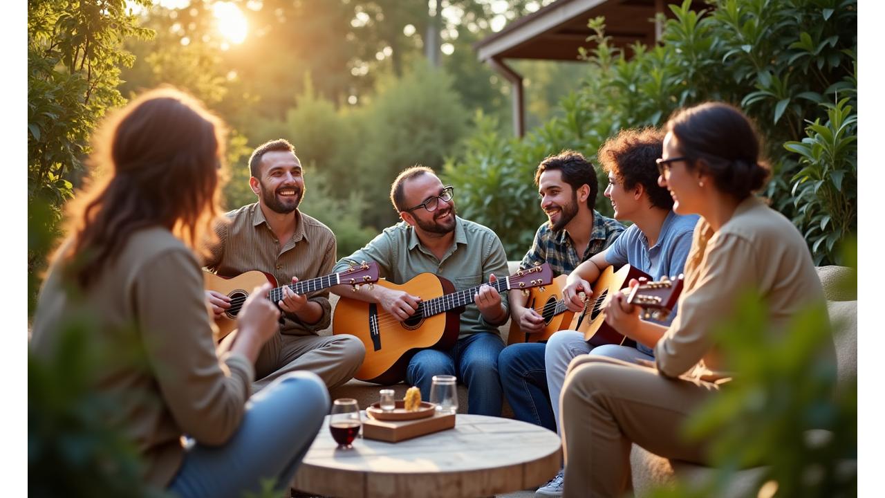 En mangfoldig gruppe musikere, med akustiske og bærekraftige instrumenter, samlet i et grønt utendørsmiljø, smilende og engasjerte i samtale.