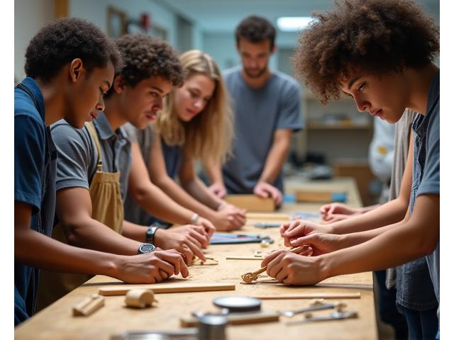 En interaktiv workshop der voksne og unge voksne lærer om instrumentvedlikehold og bærekraftige materialer, med verktøy og instrumentdeler på bordet.
