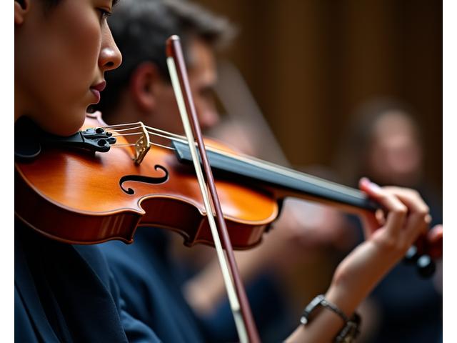 En fiolinist med finkfølelse tester lydkvaliteten på en bærekraftig produsert fiolin i et konsertsalmiljø.