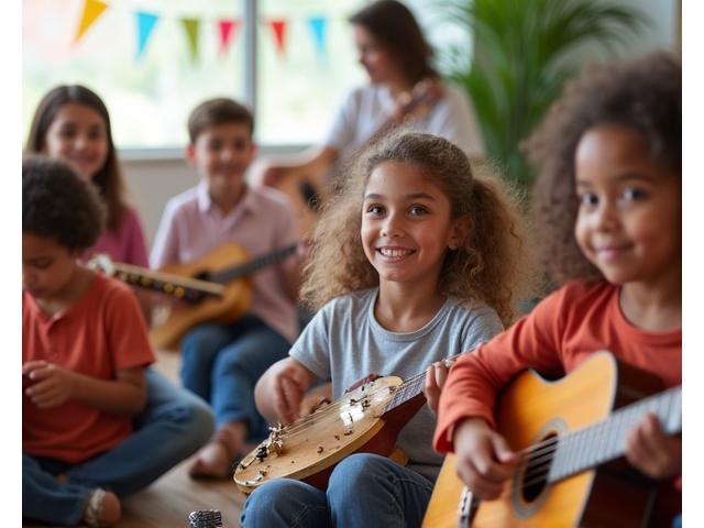 En gruppe smilende barn lærer å spille forskjellige instrumenter i et lyst og innbydende klasserom.