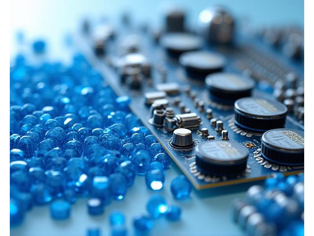 Diverse resirkulerte komponenter som plastpellets og metallskrap ved siden av en moderne synthesizer-kretsplate.