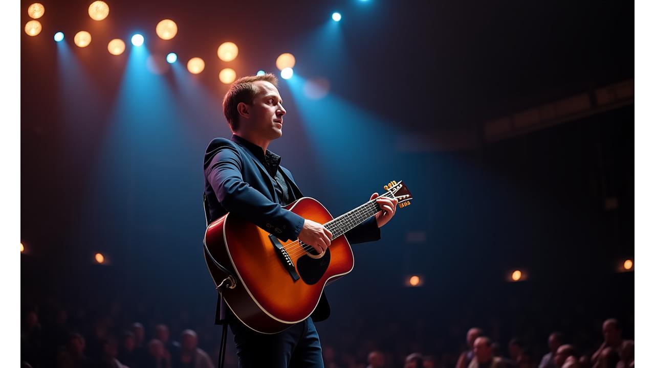 En kjent norsk jazzgitarist holder en elegant spesialbygd gitar på scenen, med publikum i bakgrunnen.