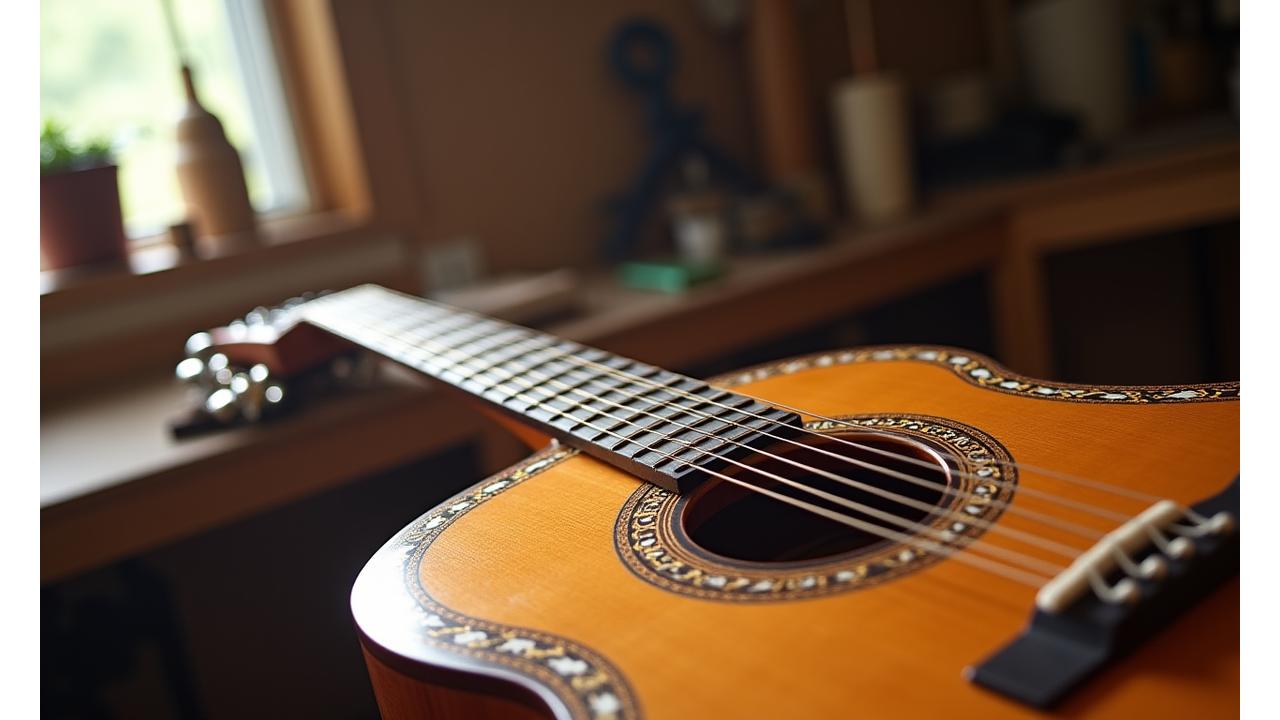 Nærbilde av en vakkert håndlaget akustisk gitar med intrikate detaljer, i et lyst verksted med verktøy i bakgrunnen.