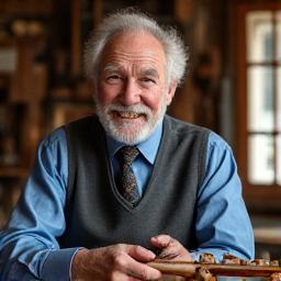 Portrett av en smilende eldre luthier i et verksted, omgitt av treverk og verktøy.