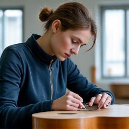 Portrett av en ung norsk instrumentmaker som inspiserer et instrument, i et moderne, ryddig verksted.