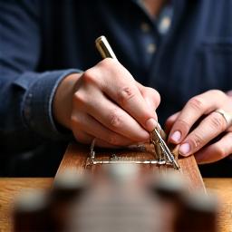 Portrett av en fokusert luthier med detaljert arbeid på et strengeinstrument, med fokus på hendene.