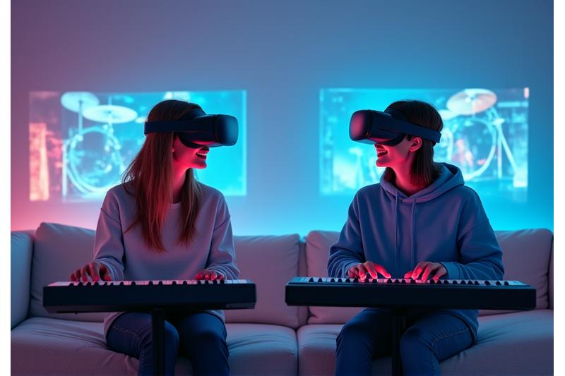 To personer med VR-headset som jammer sammen i et virtuelt rom, som illustrerer VR-baserte ensemble-øvelser.