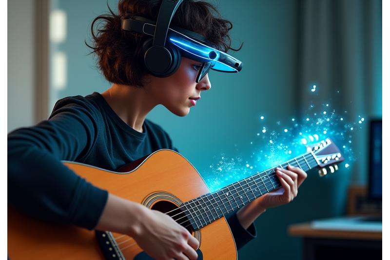En person som bruker et AR-headset, ser et holografisk gripebrett på en gitar, med interaktive læringsindikatorer.