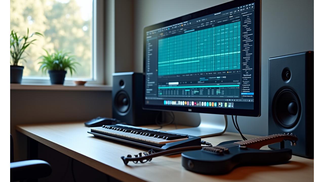 Et moderne hjemmestudio med en datamaskin som kjører en DAW-programvare, et MIDI-keyboard koblet til, og en smart-gitar som overfører data trådløst.
