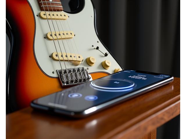 Nærbilde av en Fender Player Stratocaster med Fishman Fluence pickuper, koblet til en mobilapp som viser sanntids effekter.