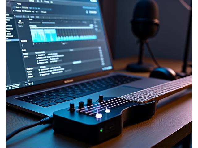 En Jamstik Studio MIDI Guitar ved siden av en laptop som kjører en digital musikkproduksjons-DAW, som illustrerer MIDI-integrasjon.