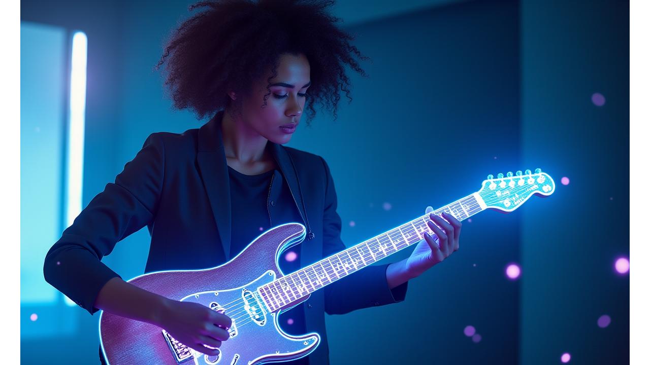 En musiker som utforsker en smart-gitar med et holografisk grensesnitt, omgitt av futuristiske lyseffekter som representerer app-integrasjon og digitale effekter.