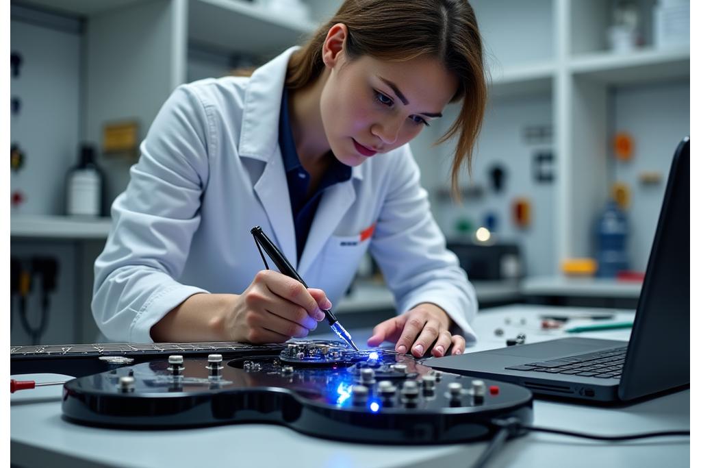 En tekniker jobber med oppdatert firmware på et smart-instrument med en bærbar datamaskin i et rent, organisert verkstedmiljø.