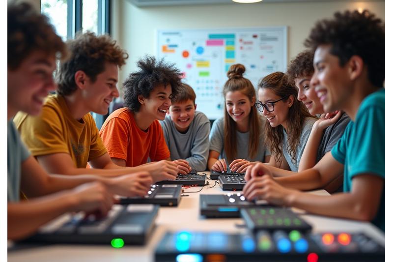 En gruppe unge, entusiastiske musikere som deltar i en sommerleir, hvor de lærer om digital musikkproduksjon på smart-instrumenter.