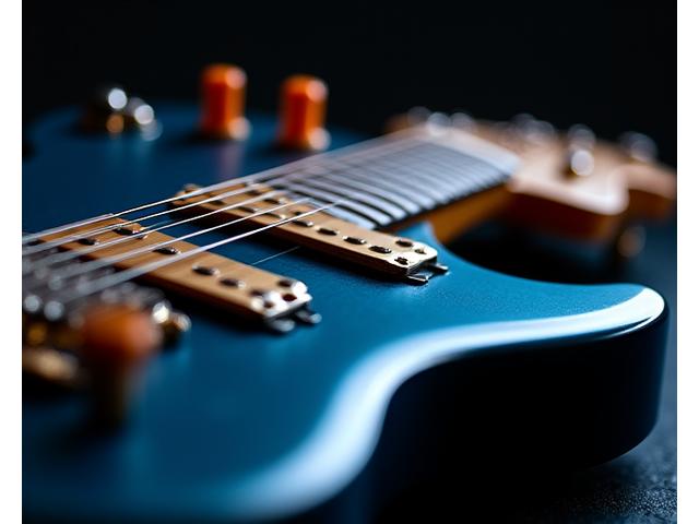Detaljert bilde av en håndlaget boutique-gitar, som viser utsøkt håndverk og unike detaljer