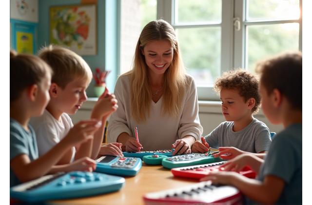 En engasjert musikklærer underviser en gruppe elever med nye, moderne instrumenter i et lyst klasserom