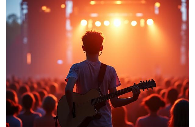 Ung student spiller gitar entusiastisk foran et publikum på Øyafestivalen