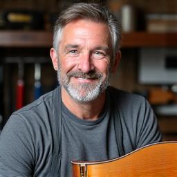 Portrett av Knut Olsen, en fokusert instrumenttekniker som holder en gitar, i et verkstedmiljø