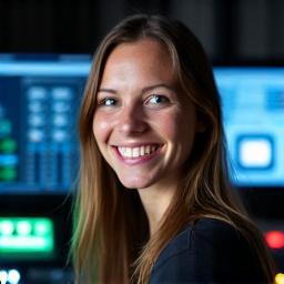 Portrett av Linn Johansen, en smilende lydtekniker foran et blandebord i et profesjonelt studio
