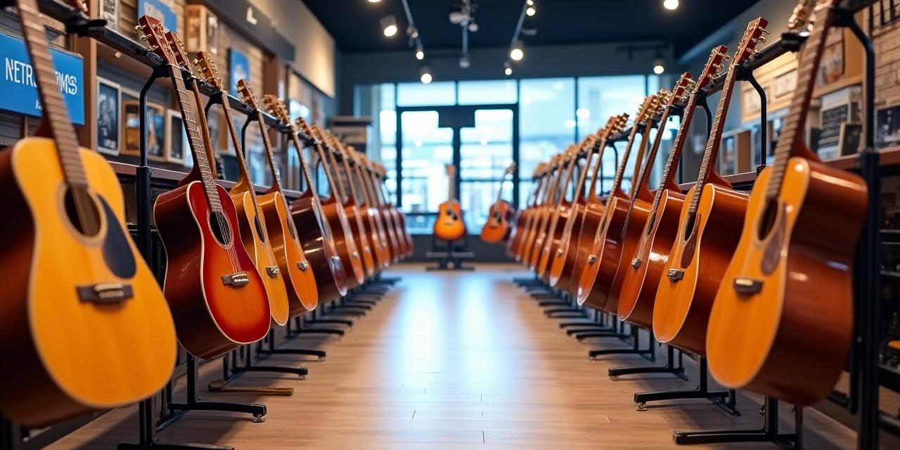 Bredt utvalg av gitarer, piano og blåseinstrumenter i en moderne butikk