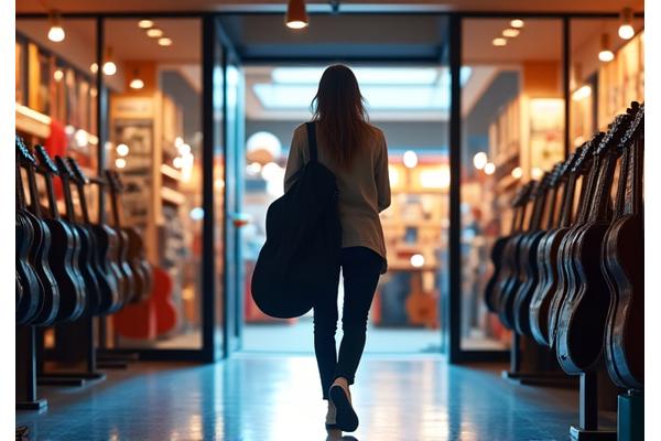 Kunde som bærer en gitarpose ut av butikken