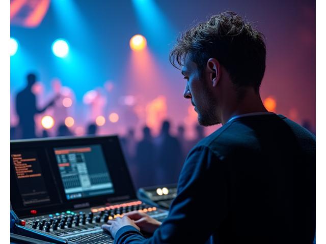 Portrett av Ljudtekniker Erik Hansen konsentrerer seg foran et stort lydmiksebord under en konsert.