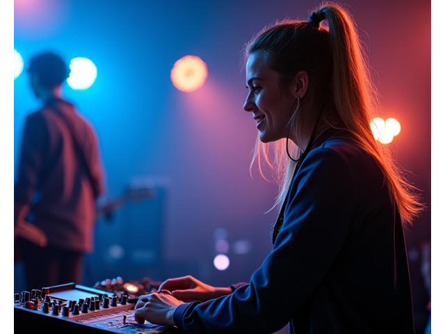 Portrett av monitor lydtekniker Katrine Olsen som smiler og justerer scenemonitorer backstage.