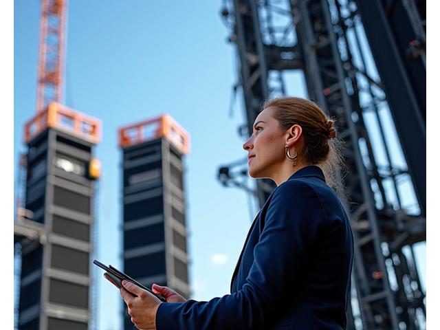 Ung kvinne, systemtekniker Maria Andersen, installerer et komplekst Line Array system på et stort utendørs arrangement.
