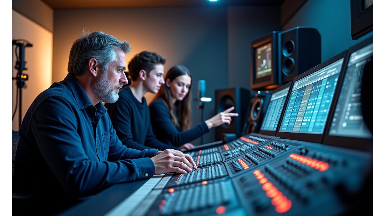 En moderne innspilling studio med en lydtekniker ved miksebordet og to musikere i bakgrunnen, fokus på interaksjon og avansert utstyr