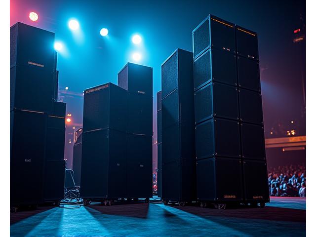 Bilde av et live PA-system med subwoofere og toppkasser klar for et arrangement