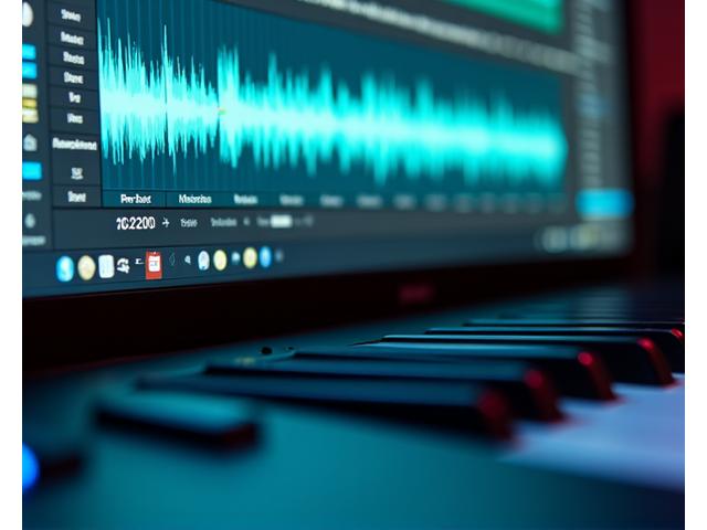 Nærbilde av en dataskjerm som viser Pro Tools programvare, med et MIDI-keyboard i forgrunnen