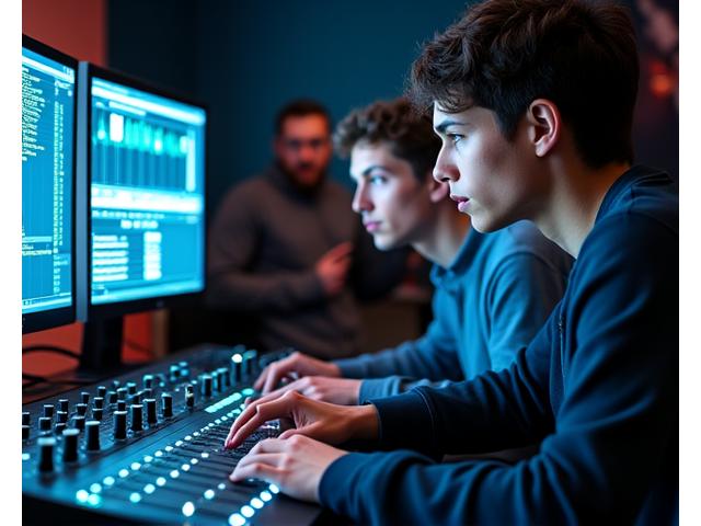Studenter som aktivt bruker et lydmiksebord under veiledning i et moderne studio