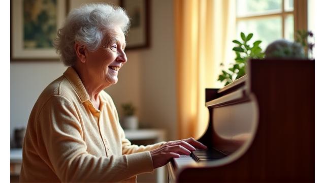 Karin smiler mens hun spiller piano i et hjemlig miljø.