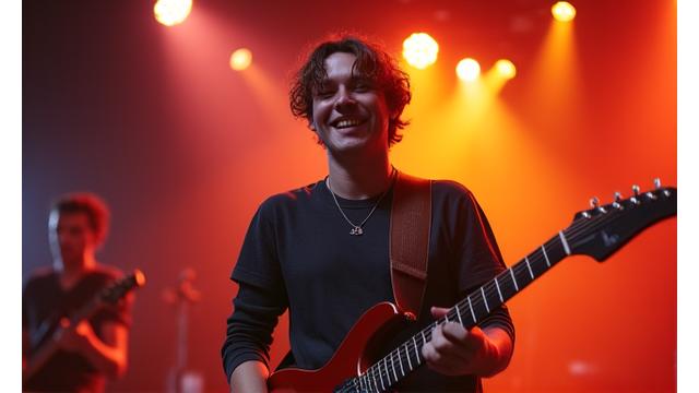 Markus spiller aktivt gitar på en scene med bandet sitt.