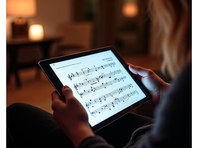 En tablet med noteprogramvare som viser et partitur, holdt av hender i en komfortabel studieposisjon. Skjermen lyser opp et ellers dempet rom.