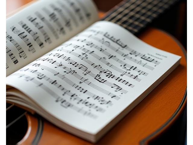 Et utsnitt av gitarakkorder på en notebok, med en akustisk gitar i bakgrunnen. Mykt fokus, varmt lys.