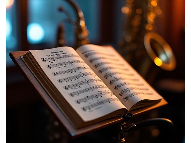 Jazznoter med improvisasjonsmerknader, kanskje en saxofon eller trompet i bakgrunnen, i en koselig jazzklubbatmosfære.