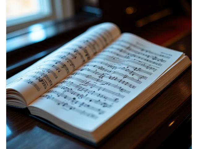 En åpen notebok med klassisk musikk, kanskje Bach eller Mozart, på et piano med dempet belysning.