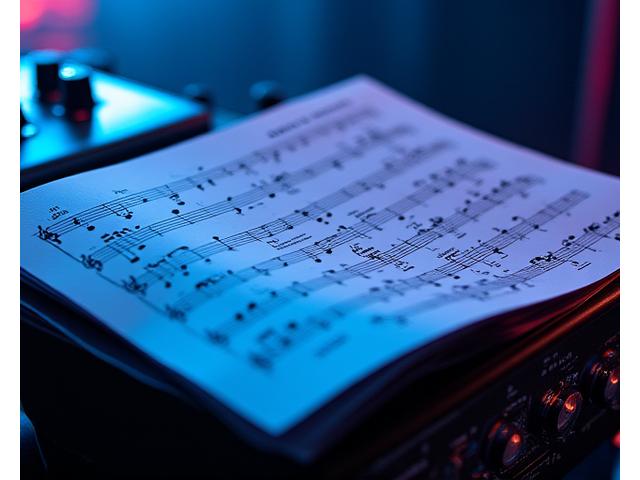 Moderne pop- eller rockenoter, kanskje med et kjent bandlogo, på en forsterker eller keyboard, med dynamisk lyssetting.