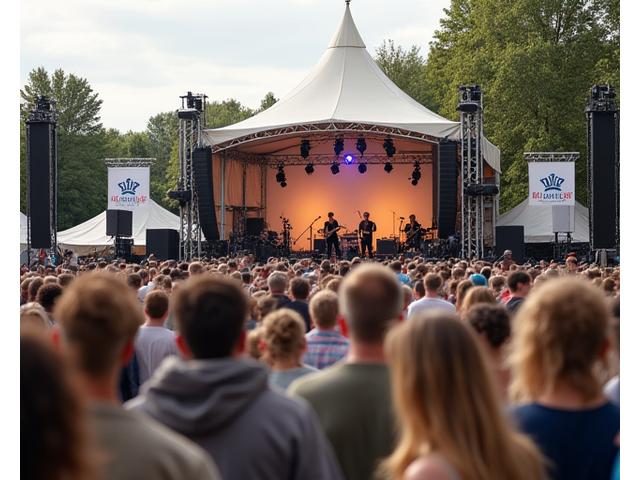 Et lokalt musikkarrangement i full sving med artister på scenen og et engasjert publikum