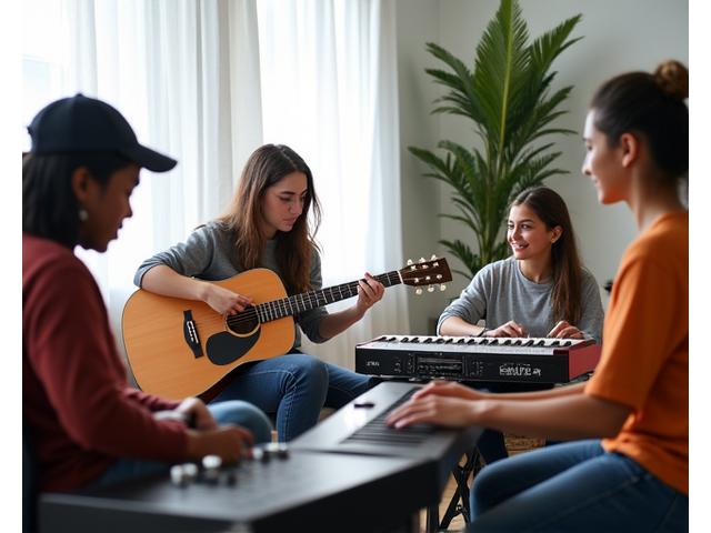 Unge musikere deltar på en gratis workshop i Stillhet Stemmers lokaler