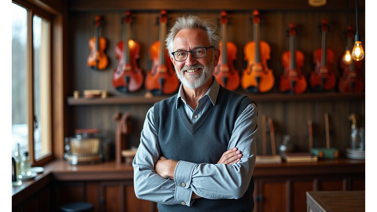Grunnlegger står i en tradisjonell instrumentbutikk i Oslo, omgitt av klassiske instrumenter og et varmt lys