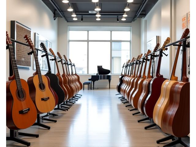Et lyst og romslig showroom med ulike musikkinstrumenter, fra gitarer til pianoer, pent utstilt