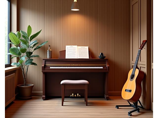 Et rent og profesjonelt undervisningsrom med et piano og en gitar
