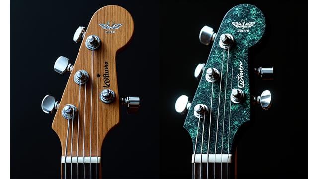 Før og etter-bilde av et gitarhode med en intrikat, tilpasset perlemorsinnlegging.