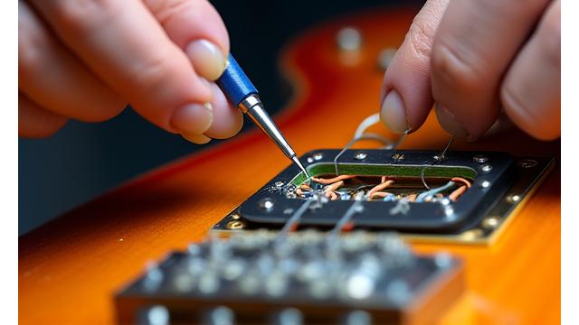 Nærbilde av en teknikers hender som installerer nye pickuper i en elgitar, med presisjonsverktøy.