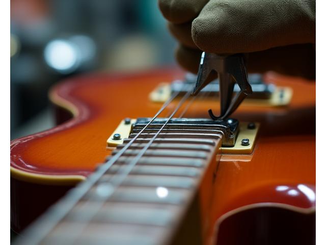 Nærbilde av en gitarhals under refretting, med nøyaktig håndverk og spesialisert verktøy.