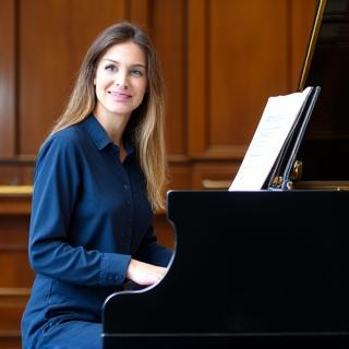 Portrett av Anne, en pianist, ved siden av et flygel, med varme, profesjonelle uttrykk.
