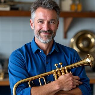 Portrett av Per, en tekniker for blåseinstrumenter, som holder en skinnende trompet.
