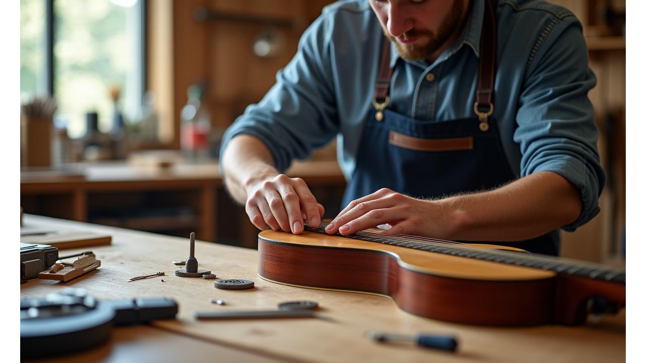 En instrumentmaker i dyp konsentrasjon over en akustisk gitar, omgitt av verktøy i et rent, moderne verksted.